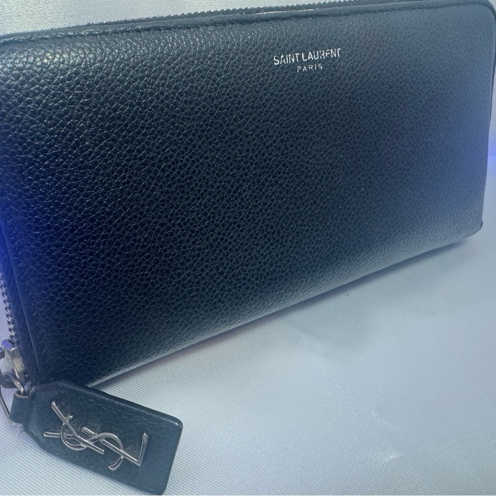 YSL Zip Around Wallet Saint Laurent Black Leather Silver Logo Discontinued RARE